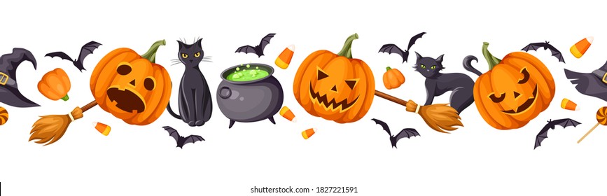 Vector Halloween horizontal seamless border with jack-o-lanterns (pumpkins), cats, bats, cauldron, hat, brooms and candy corns.