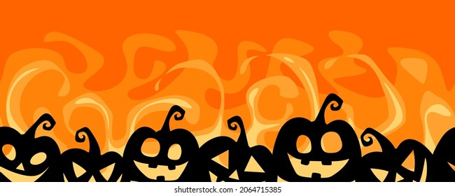 Vector Halloween horizontal seamless border with black jack-o’-lanterns silhouettes on a red flame background.