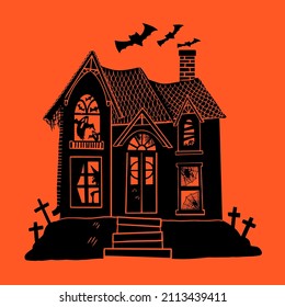 Vector Halloween house silhouette with ghosts, spiders, witch, zombie. Spooky house of scary beasts on colored background