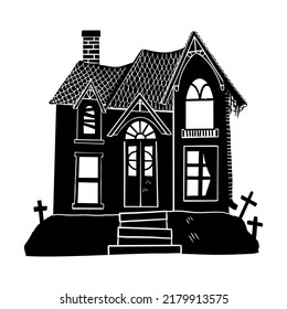 Vector Halloween house silhouette with ghosts, spiders, witch, zombie. Spooky house of scary beasts on colored background