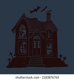 Vector Halloween house silhouette with ghosts, spiders, witch, zombie. Spooky house of scary beasts on colored background