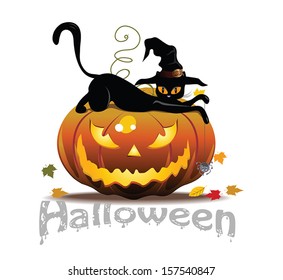 Vector Halloween icon with cat and pumpkin
