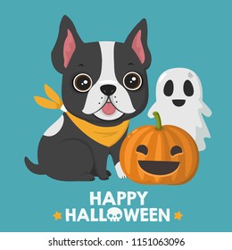 Vector Halloween icon dog French bulldog. In illustration puppy of a bulldog; pumpkin with a funny face; ghost; Text: Happy Halloween.