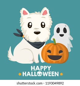 Vector Halloween icon dog West Highland White Terrier. The puppy is sitting near the pumpkin with a funny face and a ghost. Text: Happy Halloween.
