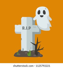 Vector Halloween icon of the grave in the cemetery. Old grave cross and flying ghost. On the tombstone text: R.I.P