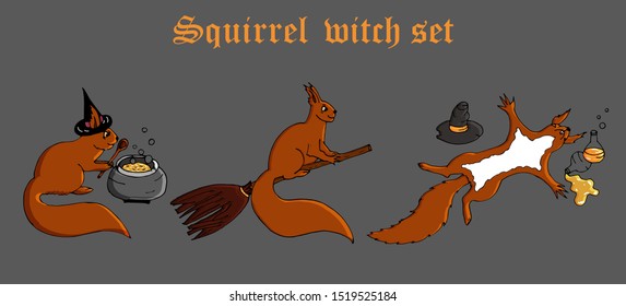 Vector halloween icon set isolated. Squirrel witches. Brews a potion in a cauldron, flies on a broomstick, is poisoned by poison and lies