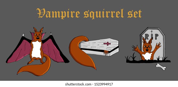 Vector halloween icon set isolated. Squirrels are vampires. Dracula with a red-black cloak, a vampire gets out of the coffin and a squirrel vampire rises from the grave