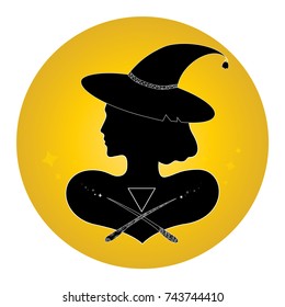 Vector halloween icon witch in a hat and with wands