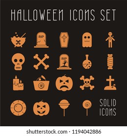 Vector Halloween Icons. Collection of halloween solid icons on dark background. Set contains: pumpkin icon, sweets icon,grave and tombstone icons, voodoo doll icon, skull icon, eyeball and bones icon.