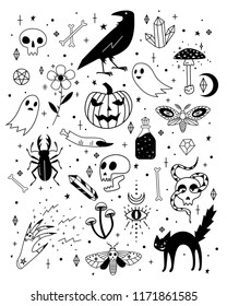 Vector halloween icons. Hand drawn, doodle, cartoon magician set. Witchcraft symbols