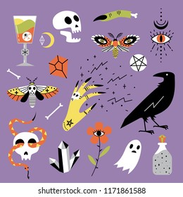 Vector halloween icons. Hand drawn, doodle, cartoon magician set. Witchcraft symbols