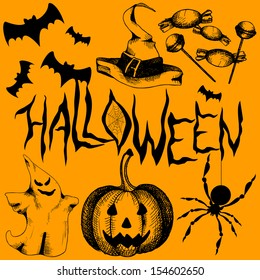 Vector halloween icons on orange background. Hand drawn elements for halloween party.