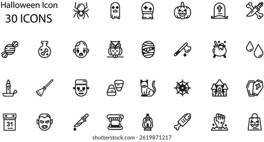 Conjunto de ícones de Halloween vetoriais. 30 símbolos assustadores minimalistas para desenhos festivos.
