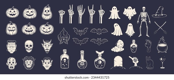 Vector Halloween icons set. 40 Halloween vintage elements, signs and silhouettes isolated on black background. Spooky decorations for logo, emblem, poster, banner, invitation, background design.