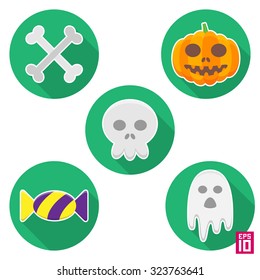 Vector halloween icons: skull, ghost, bones, pumpkin, candy.
