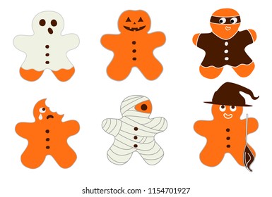 Vector Halloween illustration 6 cartoon cookies in party costume of pumpkin, ghost, witch with a hat and broom, mummy, bitten and crying gingerbread man