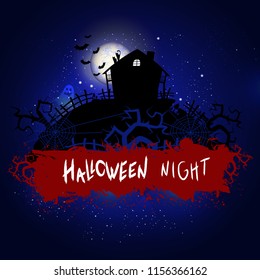 Vector Halloween illustration with abandoned house and inscription on starry sky nightly background with full moon. Blue background.