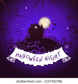 Vector Halloween illustration with abandoned house, torn banner and lettering on starry sky nightly background with full moon. Purple background.