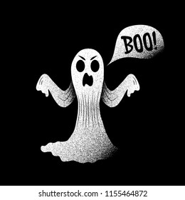 Vector halloween illustration of angry textured white ghost with text boo on the black background.