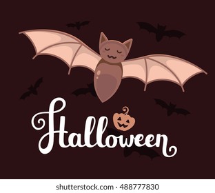 Vector halloween illustration with big bat, text, pumpkin and flying silhouettes of bats on dark background. Flat style design for halloween greeting card, poster, web, site, banner.