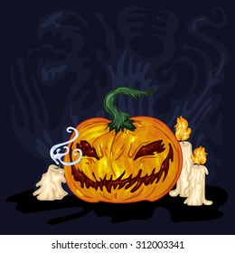 Vector halloween illustration. Big pumpkin with three candles on the dark background.