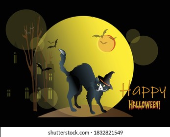 Vector Halloween illustration with the black cat in a witch hat on a background of a large circle of the moon with bats and a houses for design with inscription Happy Halloween!