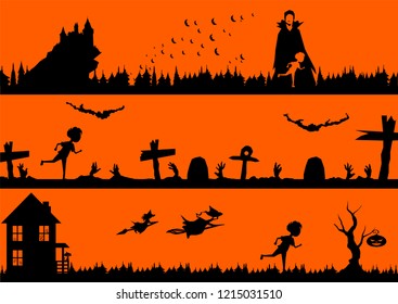 vector Halloween illustration of boy running from hauted house, zombies on old graveyard and vampire castle