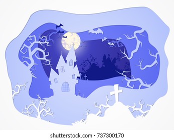 Vector Halloween illustration with castle and grave on the night sky background  with  full moon and bats. 3d layered stylization.