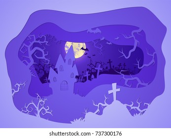 Vector Halloween illustration with castle and grave on the night sky background  with  full moon and bats. 3d layered stylization.