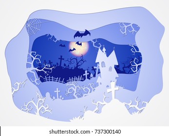 Vector Halloween illustration with castle and graves on the night sky background with full moon and bats. 3d layered stylization.