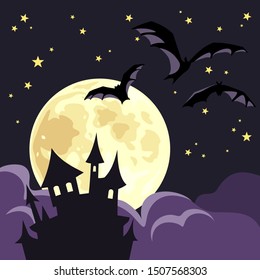 Vector Halloween illustration with a castle, moon and bats.