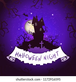 Vector Halloween illustration with castle, torn banner and lettering on starry sky nightly background with full moon. Purple background.