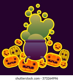 Vector Halloween illustration with cauldron, pumpkin