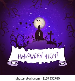 Vector Halloween illustration with cemetery, torn banner and lettering on starry sky nightly background with full moon. Purple background.