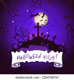 Vector Halloween illustration with cemetery, torn banner and lettering on starry sky nightly background with full moon. Purple background.