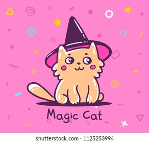 Vector halloween illustration of a cute cat with hat on pink background. Hand drawn flat line art style of little witch fairy cat in magic hat for web, site, card