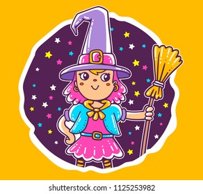 Vector halloween illustration of a cute girl with pink color hair, hat holding broom on white background with star in frame. Line art style of portrait of little witch fairy girl in dress for card