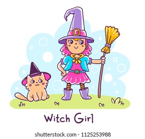 Vector halloween illustration of a cute girl with pink color hair, hat, cat, flying broom on white background. Hand drawn flat line art style of little witch fairy girl in dress for web, site, card