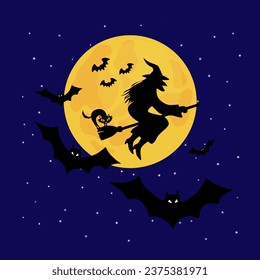 Vector Halloween illustration. Dark blue background. %A witch flying on a broomstick. A black cat at the end of the broom. On the background white stars and black bats. Halloween, background, holidays