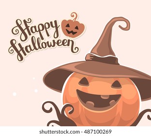 Vector halloween illustration of decorative orange pumpkin in witch hat with eyes, smile, teeth and text happy halloween on light background. Flat style design for halloween greeting card, poster, web