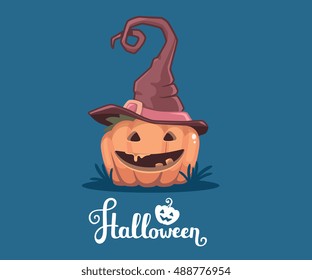 Vector halloween illustration of decorative orange pumpkin in witch hat with eyes, smile, teeth and text halloween on blue background. Flat style design for halloween greeting card, poster, web, site