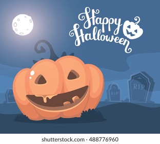 Vector halloween illustration of decorative orange pumpkin with eyes, smile, full moon, headstone at the cemetery and text happy halloween. Flat style design for halloween greeting card, poster, web