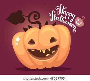 Vector halloween illustration of decorative orange pumpkin with eyes, smiles, teeth and text happy halloween on dark gradient background. Flat style design for halloween greeting card, poster, site