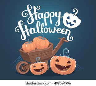 Vector halloween illustration of decorative orange pumpkins with eyes, smiles, teeth, wooden wheelbarrow, text happy halloween on dark blue background. Design for greeting card, poster, web, banner
