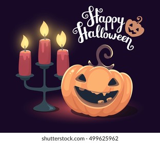 Vector halloween illustration of decorative orange pumpkin with eyes, smiles, teeth, candle holder, text happy halloween on dark background. Flat style design for greeting card, poster, web, banner.