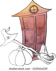 vector halloween illustration .drawing with a liner.witch hat,broom,pumpkin-holiday attributes.
