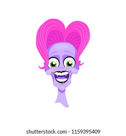 Vector halloween illustration of face of a funny vampire girl with violet skin and pink hair. Isolated on the white background.