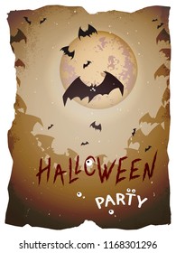 Vector Halloween illustration with flying bats and hand drawn lettering on old torn paper background. 