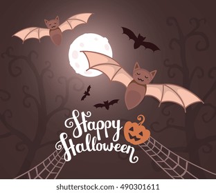 Vector halloween illustration with flying bats on moonlit night on dark trees background with text, pumpkin, spider web. Flat style design for halloween greeting card, poster, web, site, banner.