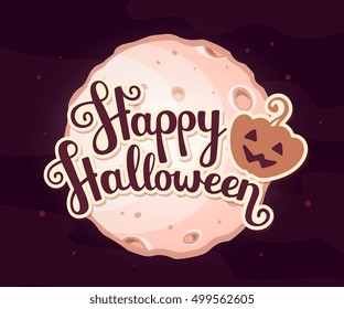 Vector halloween illustration of full light moon with craters and text happy halloween on dark background with fog. Flat style design for halloween greeting card, invitation, poster, web, site, banner